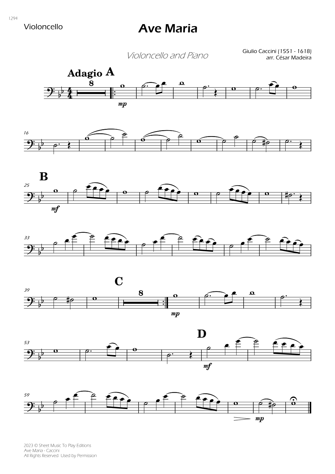 Caccini - Ave Maria - Cello and Piano (Individual Parts) (arr. César Madeira)