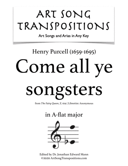 PURCELL: Come all ye songsters (transposed to A-flat major) (arr. ArtSongTranspositions.com)