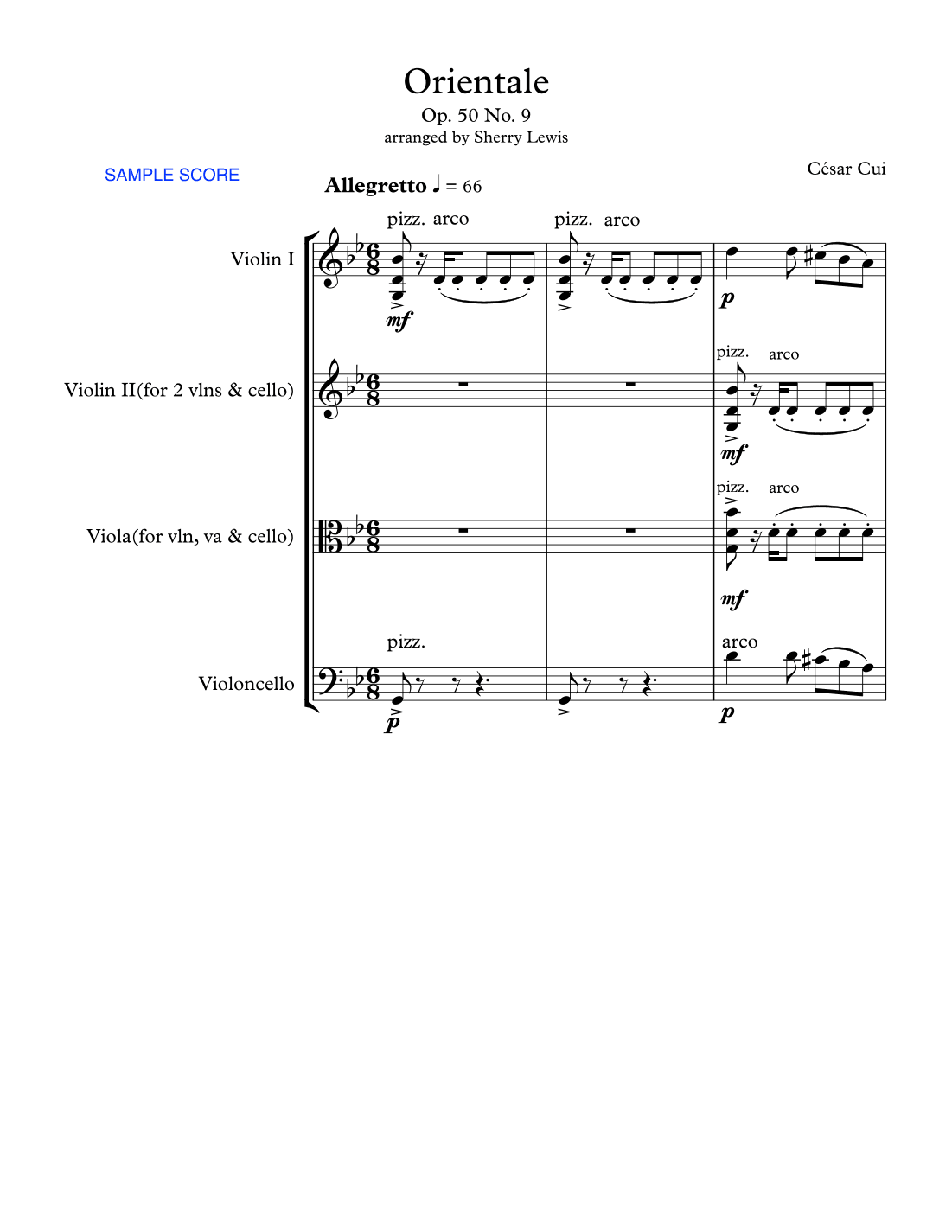 ORIENTALE, César Cui, String Trio, Intermediate Level for 2 violins and cello or violin, viola and c (arr. Sherry Lewis Publishing)