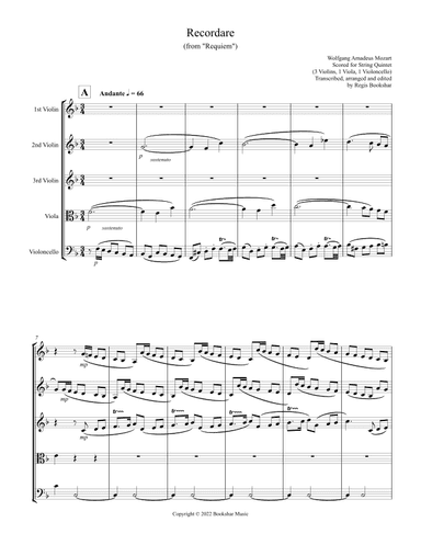 Recordare (from "Requiem") (F) (String Quintet - 3 Violins, 1 Viola, 1 Cello) (arr. Regis Bookshar)