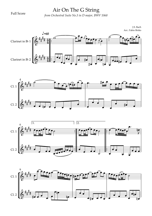 Air On The G String (J.S. Bach) for  Clarinet in Bb Duo (arr. Fabio Britto)