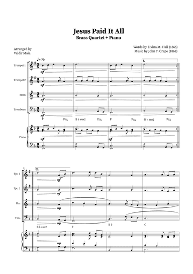 Jesus Paid It All - Brass Quartet and Piano (+Chords) (arr. Valdir Maia)