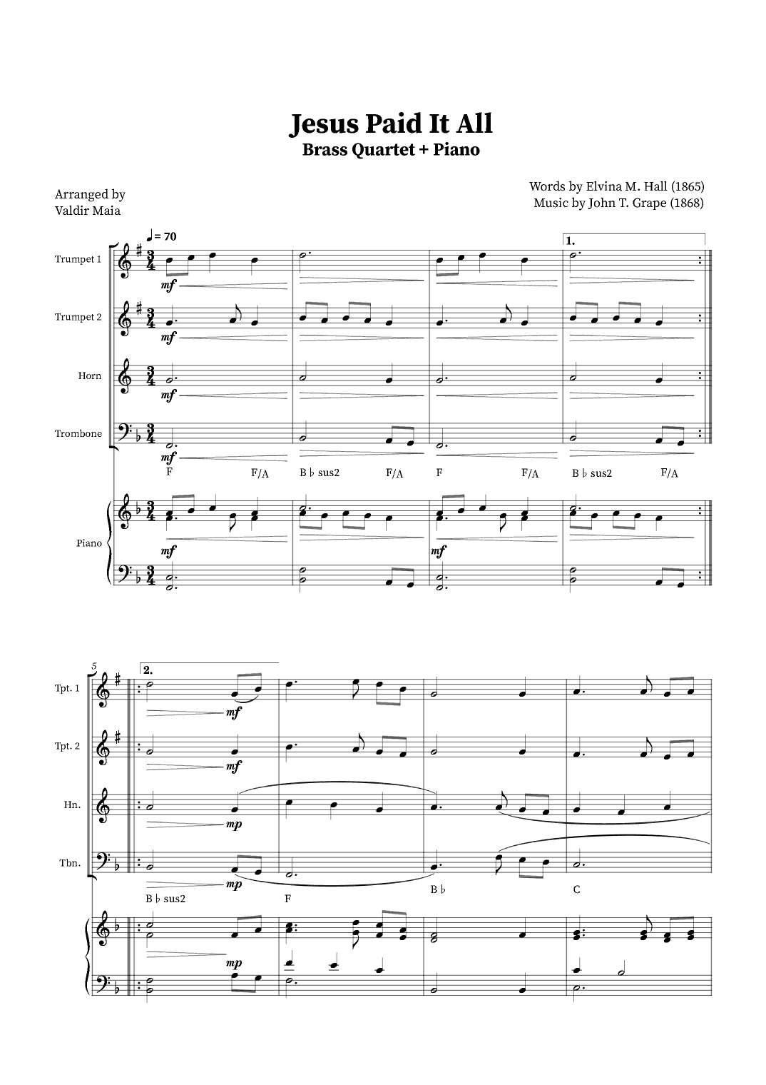 Jesus Paid It All - Brass Quartet and Piano (+Chords) (arr. Valdir Maia)