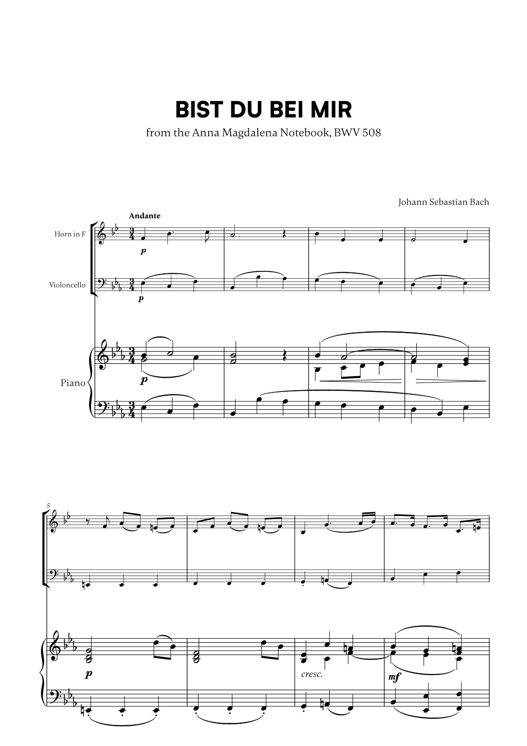Johann Sebastian Bach - Bist du bei Mir BWV 508 (for French Horn, Cello and Piano) (arr. Cadenza Editions)