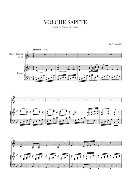 Mozart - Voi Che Sapete (for Bass Clarinet and Piano) (arr. Cadenza Editions)