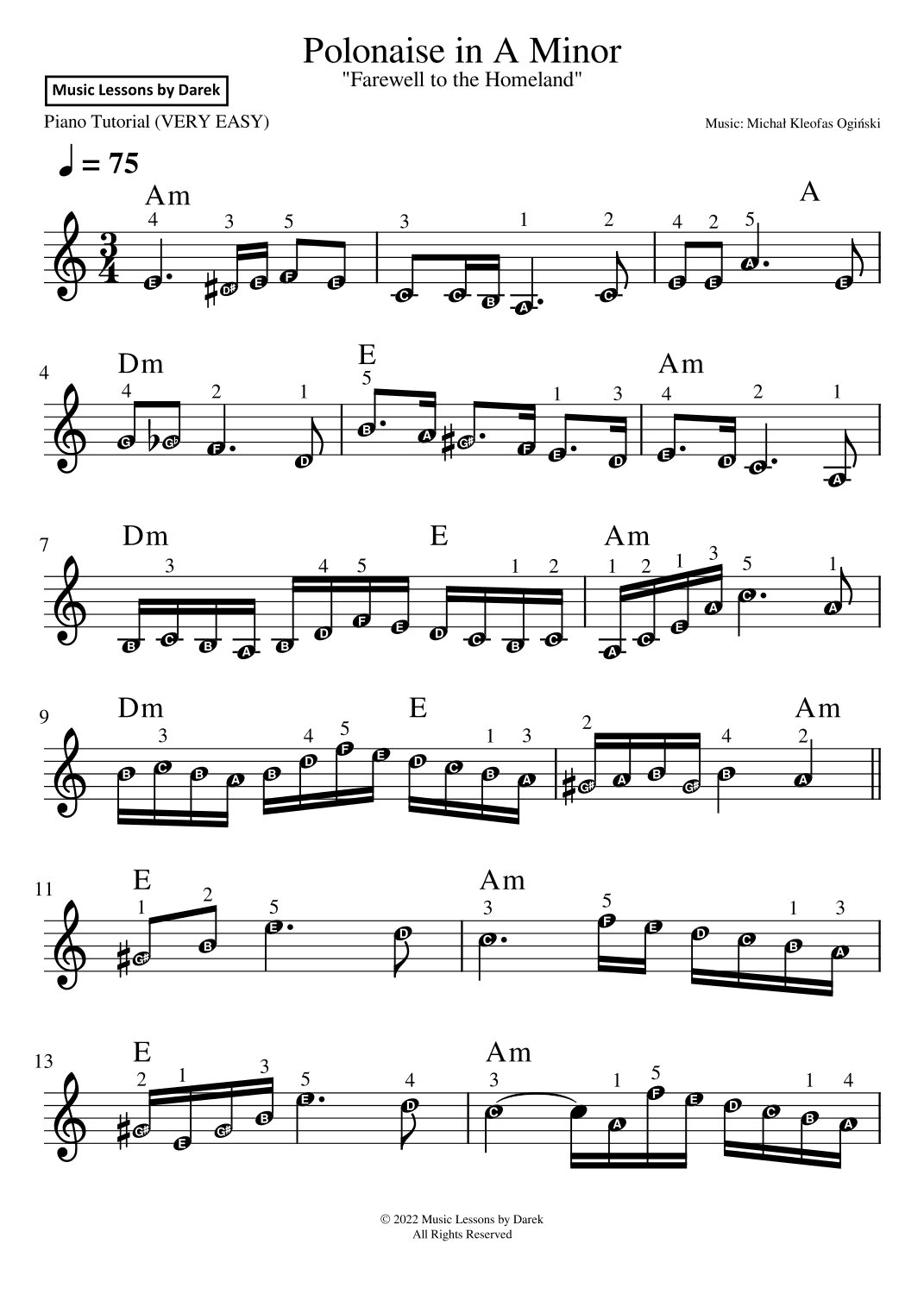 Polonaise in A Minor (VERY EASY PIANO) "Farewell to the Homeland" [Michal Kleofas Oginski] (arr. Darek)
