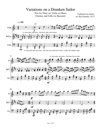 Drunken Sailor Theme and Variations, Trio for Flute (or Violin or Oboe), Clarinet, and Cello (or Bas (arr. Ray Kamada)