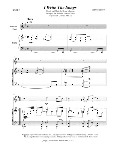 I Write The Songs (arr. James M. Guthrie, ASCAP)