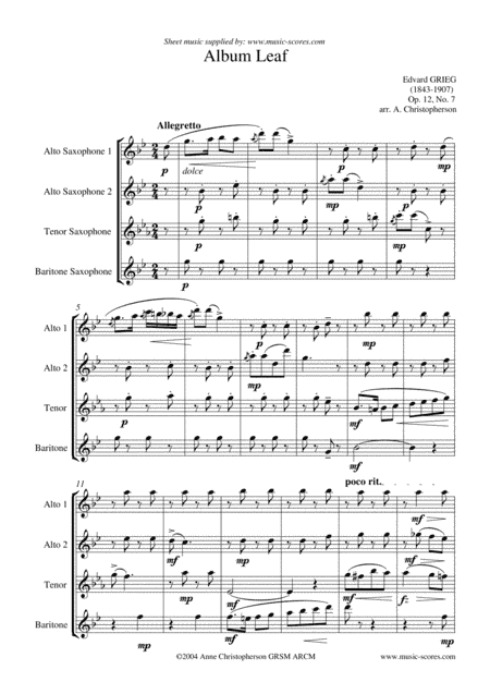 Album Leaf - Sax Quartet (2 Alto Sax, Tenor Sax, Baritone Sax) (arr. Anne L Christopherson GRSM ARCM)