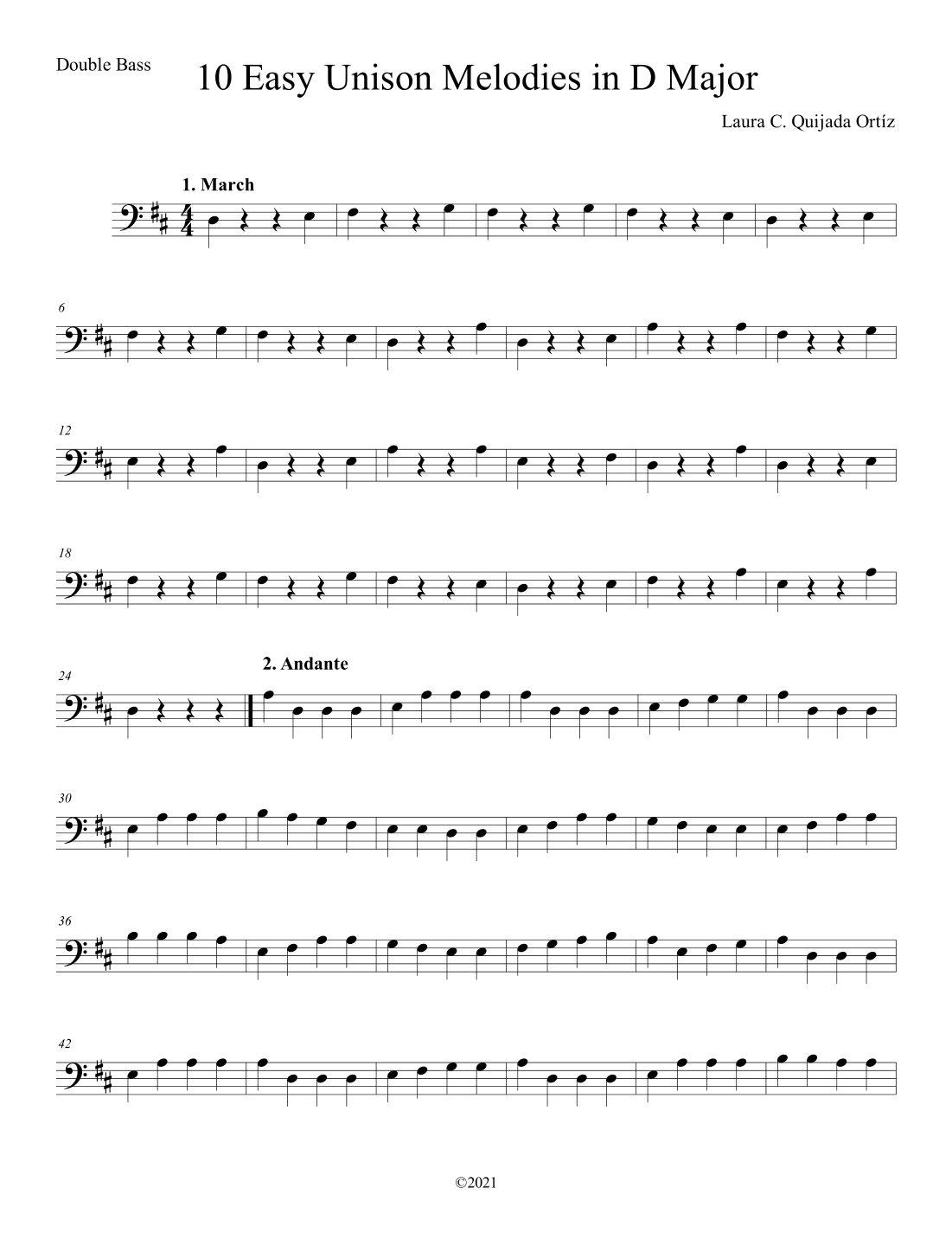 10 Easy Unison Melodies in D Major, for beginner level string orchestra. BASS PART.