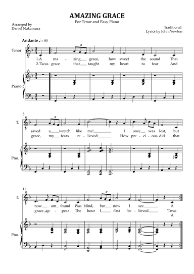 Amazing Grace (for tenor vocal with easy piano) (arr. Daniel Nakamura)