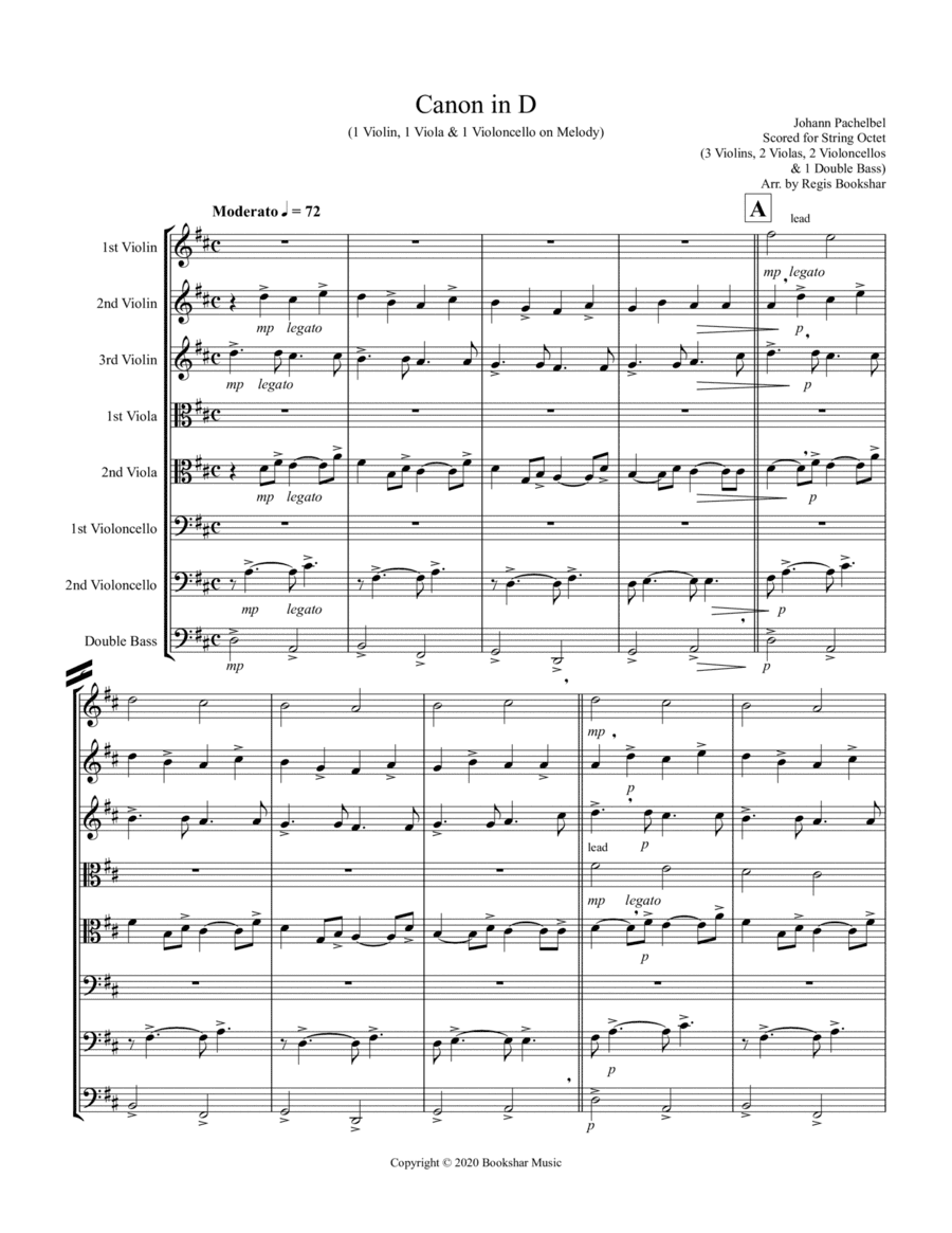 Canon in D (Pachelbel) (D) (String Octet - 3 Violin, 2 Viola, 2 Cello, 1 Bass) (1 Violin, 1 Viola, 1 (arr. Regis Bookshar)