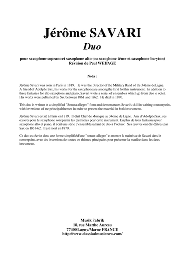 Jérôme SAVARI Duo for soprano saxophone and alto saxophone (or tenor saxophone and baritone saxophon (arr. Musik Fabrik Music Publishing)