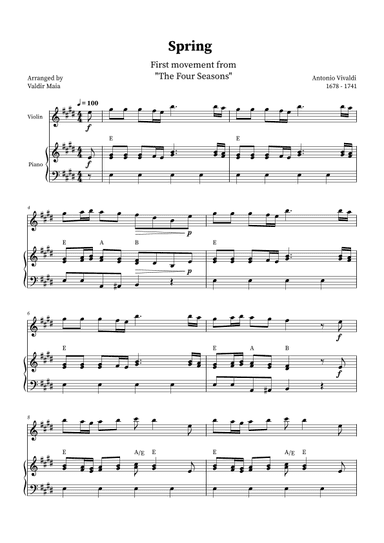 Spring - The Four Seasons for Violin and Piano (E Major with chords) (arr. Valdir Maia)