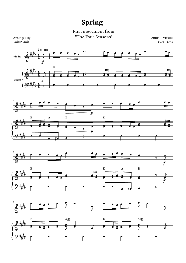 Spring - The Four Seasons for Violin and Piano (E Major with chords) (arr. Valdir Maia)