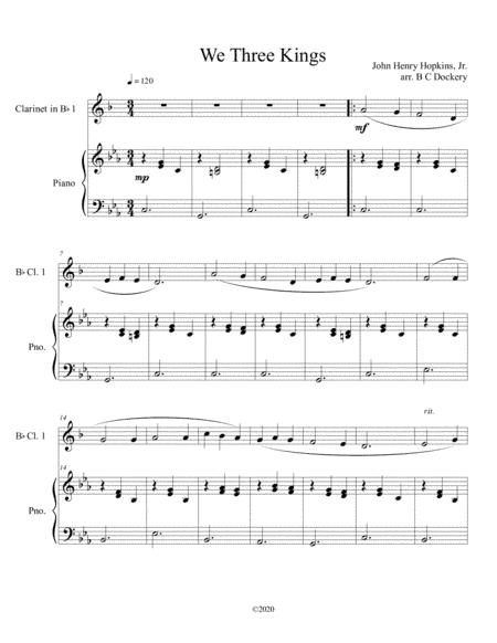We Three Kings (clarinet solo) with optional piano accompaniment (arr. B C Dockery)