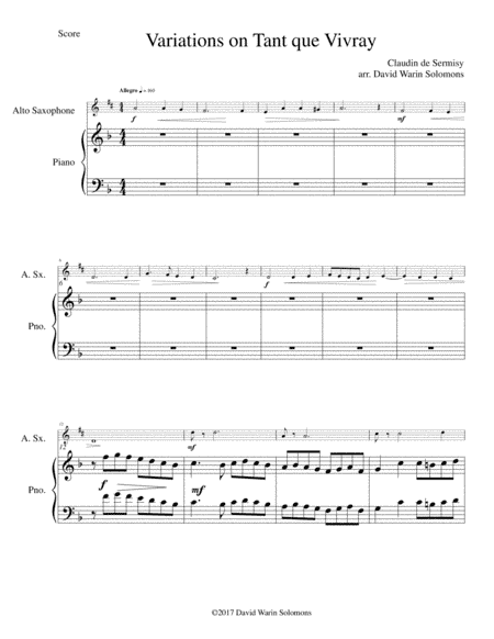 Variations on Tant que vivray (As long as I live) for alto saxophone and piano (arr. David Warin Solomons)