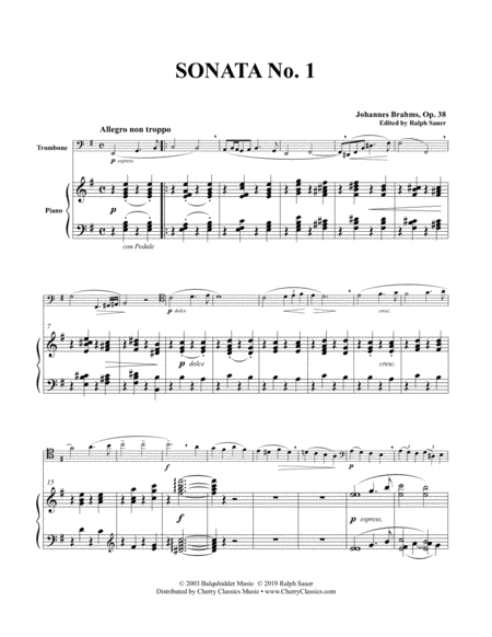 Sonata No. 1 in E minor, Op. 38 for Trombone and Piano (arr. Cherry Classics Music)