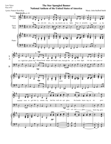 National Anthem: The Star Spangled Banner for Easy 3-part SAB Choir in the Low Key of G. (arr. Sylvia Chapa)