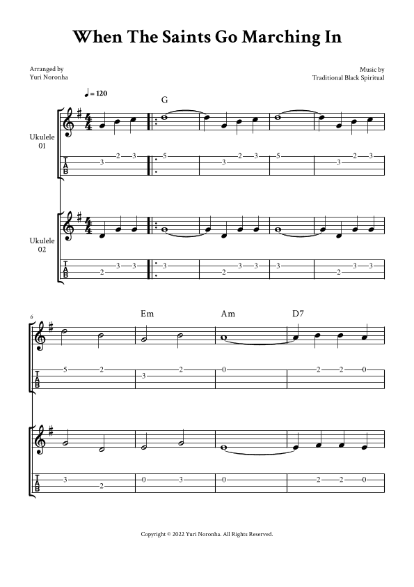 When The Saints Go Marching In - For Ukulele Duet (G Major  with TAB and Chords) (arr. Yuri Noronha)