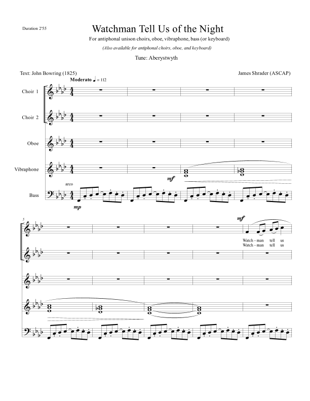 Watchman Tell Us of the Night (Aberystwyth( (arr. James Shrader ASCAP)