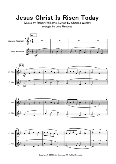 Jesus Christ is Risen Today (soprano recorder and tenor recorder duo) (arr. Luke Mendoza)