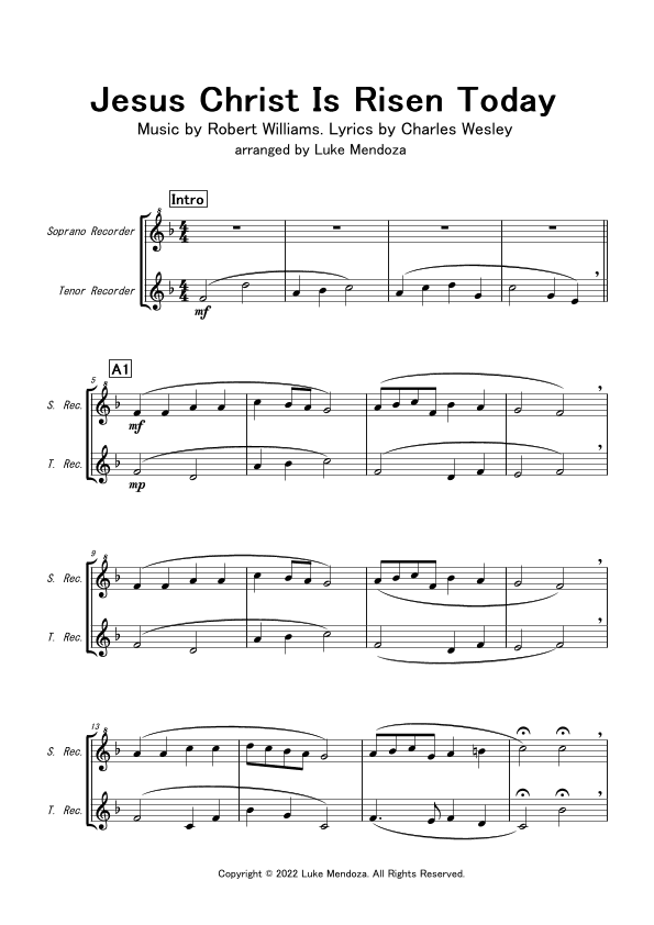 Jesus Christ is Risen Today (soprano recorder and tenor recorder duo) (arr. Luke Mendoza)
