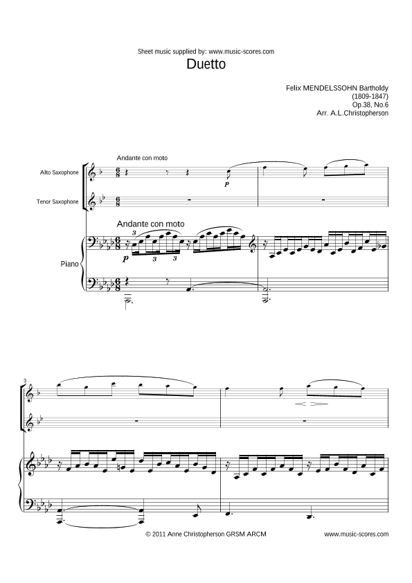 Op.38, No.6 - Duetto - Song without Words - Alto Sax, Tenor Sax and Piano (arr. Anne L Christopherson GRSM ARCM)
