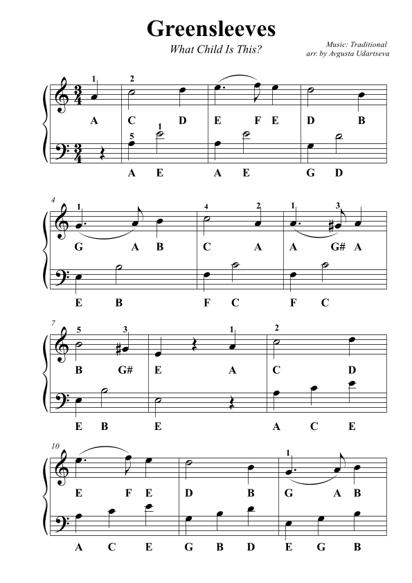 Greensleeves  Easy with Letters (arr. Avgusta Udartseva)