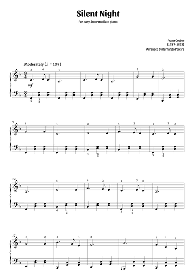 Silent Night (easy-intermediate piano in F major – clean with fingering) (arr. Bernardo Pereira)