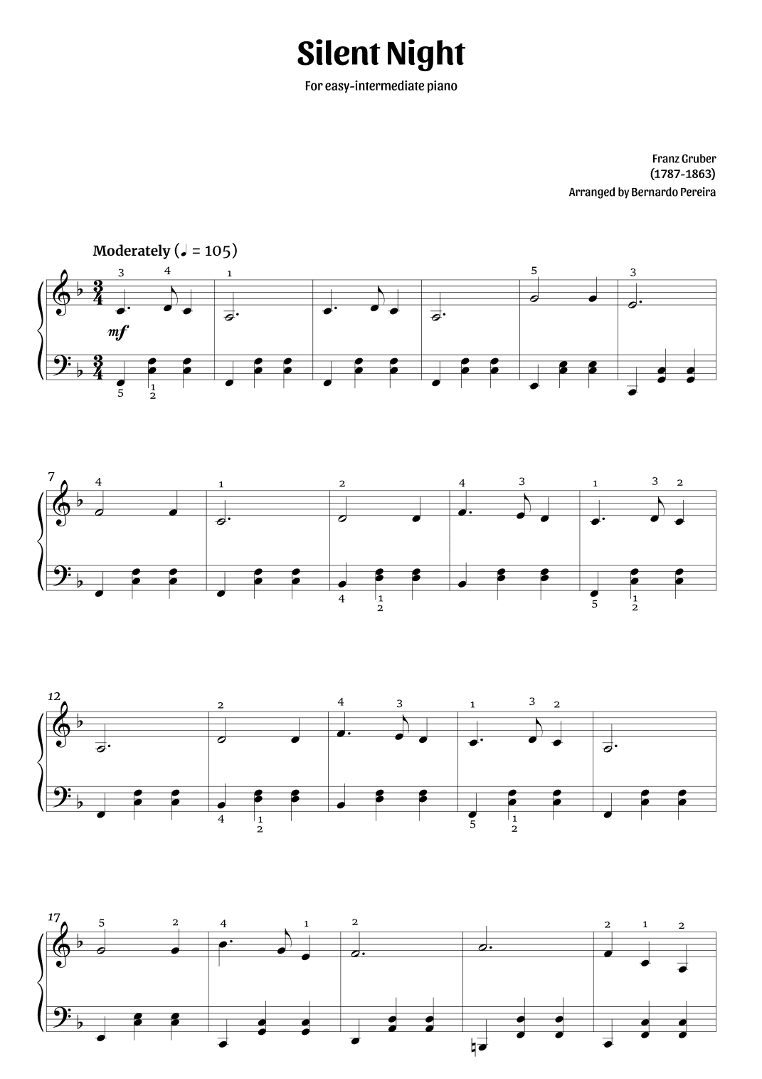 Silent Night (easy-intermediate piano in F major – clean with fingering) (arr. Bernardo Pereira)
