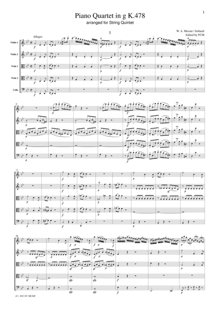 Mozart  Piano Quartet in g K.478 (arranged for String Quintet around 1800), for string quintet, CM09 (arr. Imbault)