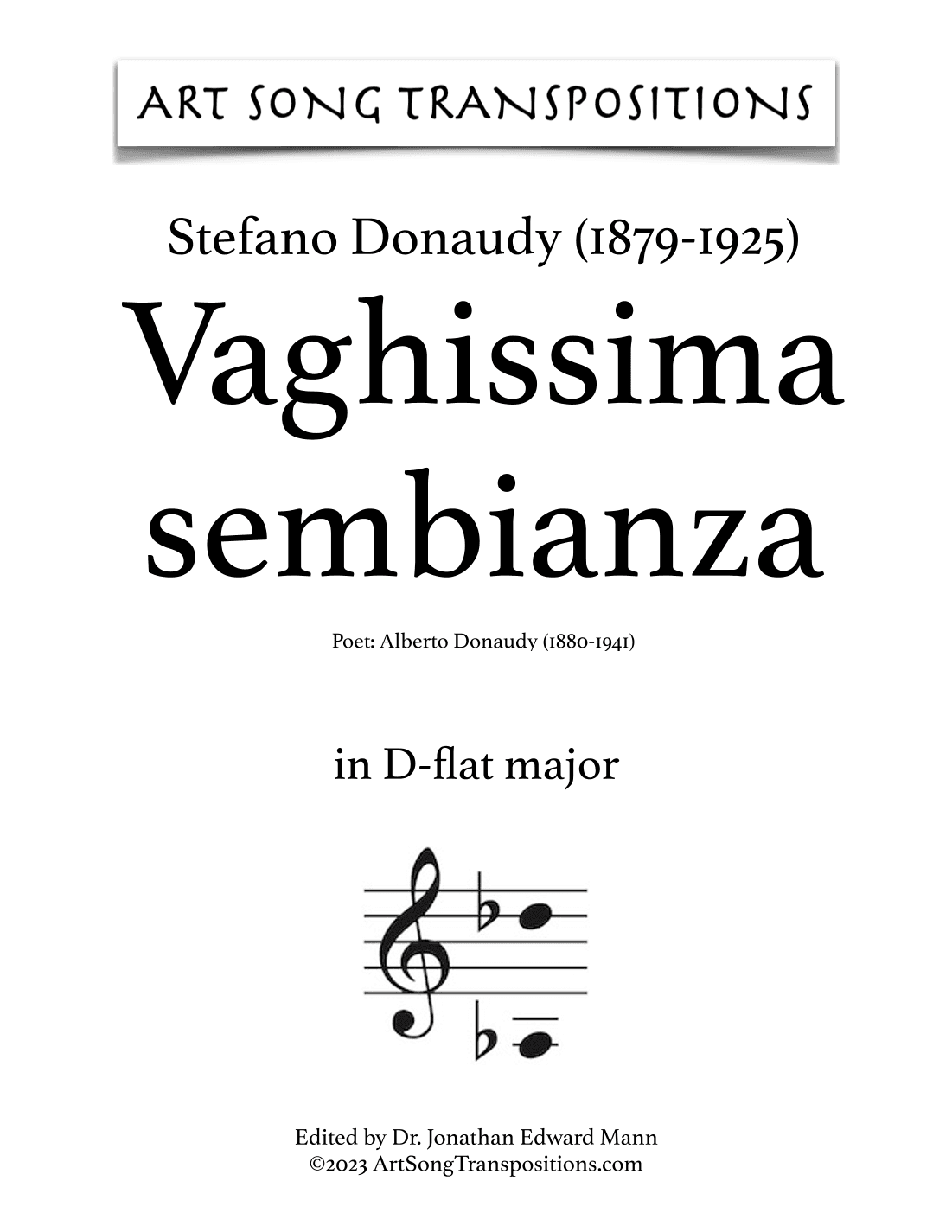 DONAUDY: Vaghissima sembianza (transposed to D-flat major) (arr. ArtSongTranspositions.com)