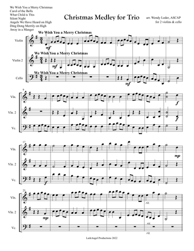 Seven Traditional Christmas Carols for String Trio (Treble, Treble, Bass Clef) (arr. Wendy Loder, ASCAP)