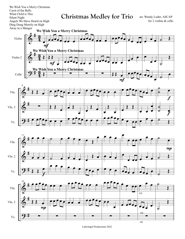 Seven Traditional Christmas Carols for String Trio (Treble, Treble, Bass Clef) (arr. Wendy Loder, ASCAP)