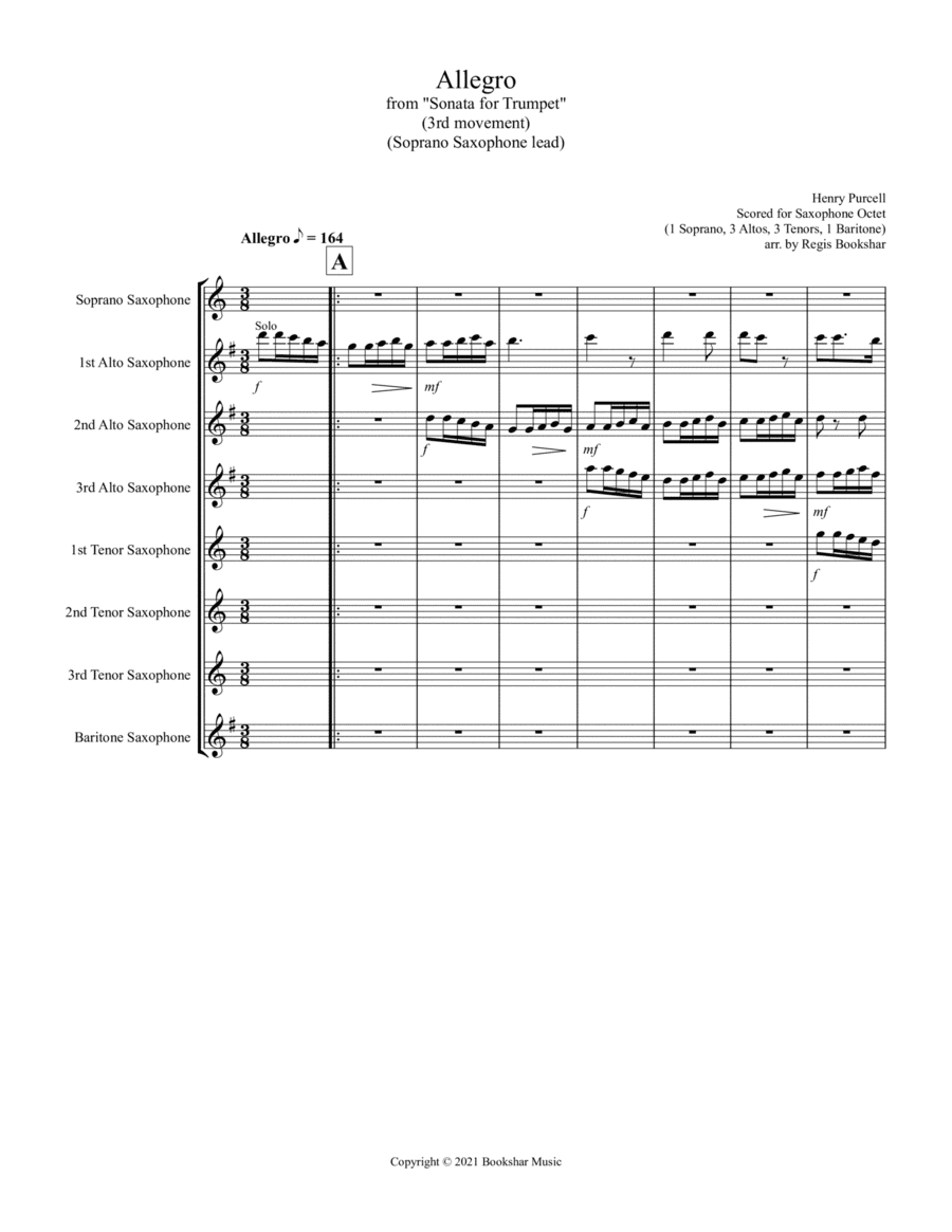 Allegro (from "Sonata for Trumpet") (Bb) (Saxophone Octet - 1 Sop, 3 Alto, 3 Tenor, 1 Bari) (Soprano (arr. Regis Bookshar)