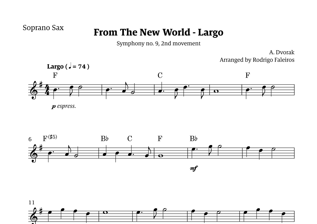 Largo (2nd movement of the Symphony no. 9 'From The New World') (arr. Rodrigo Faleiros)