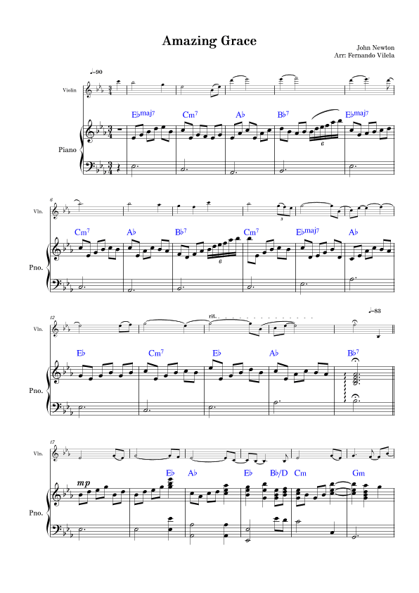 Amazing Grace (piano and violin) - Eb (arr. Fernando Vilela)