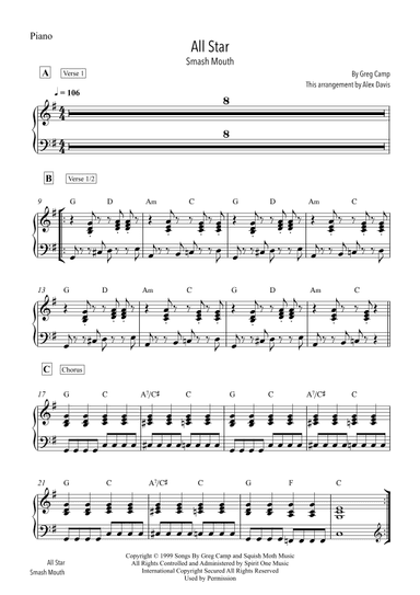 All Star - easy rock/pop band version (keys, guitar TAB, bass TAB, drums) (arr. Alex Davis)