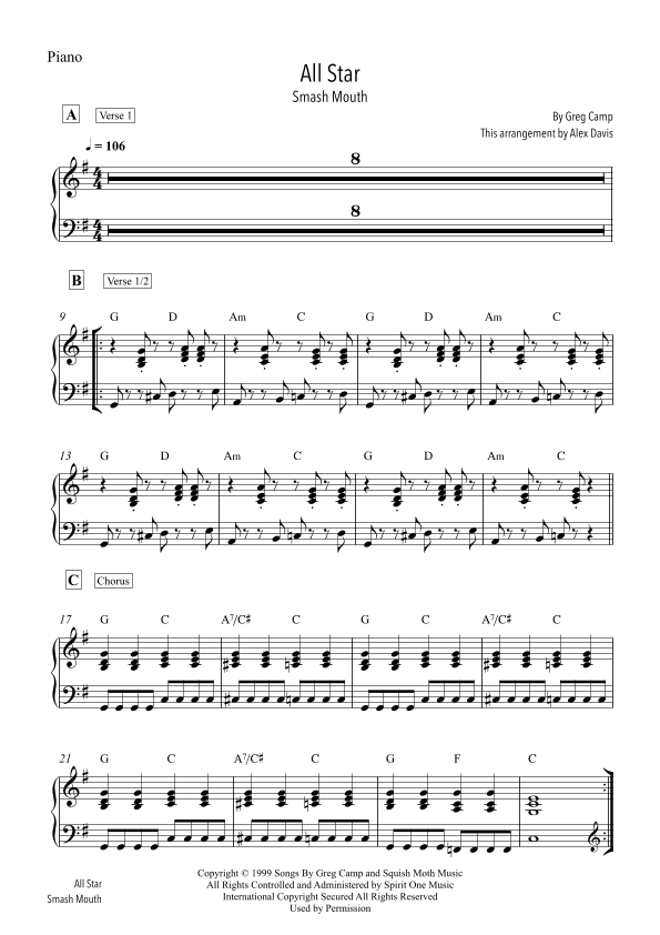 All Star - easy rock/pop band version (keys, guitar TAB, bass TAB, drums) (arr. Alex Davis)