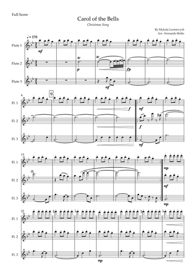 Carol of the Bells in Jazz Version (Christmas Song) for Flute Trio (arr. Fabio Britto)