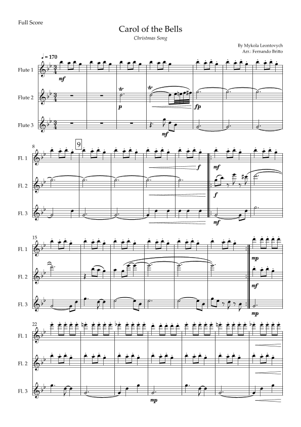 Carol of the Bells in Jazz Version (Christmas Song) for Flute Trio (arr. Fabio Britto)