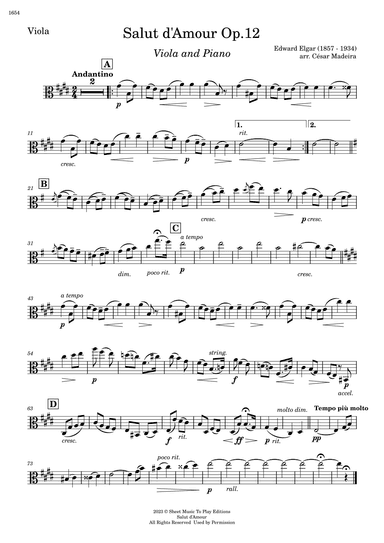 Salut d'Amour by Elgar - Viola and Piano (Individual Parts) (arr. César Madeira)