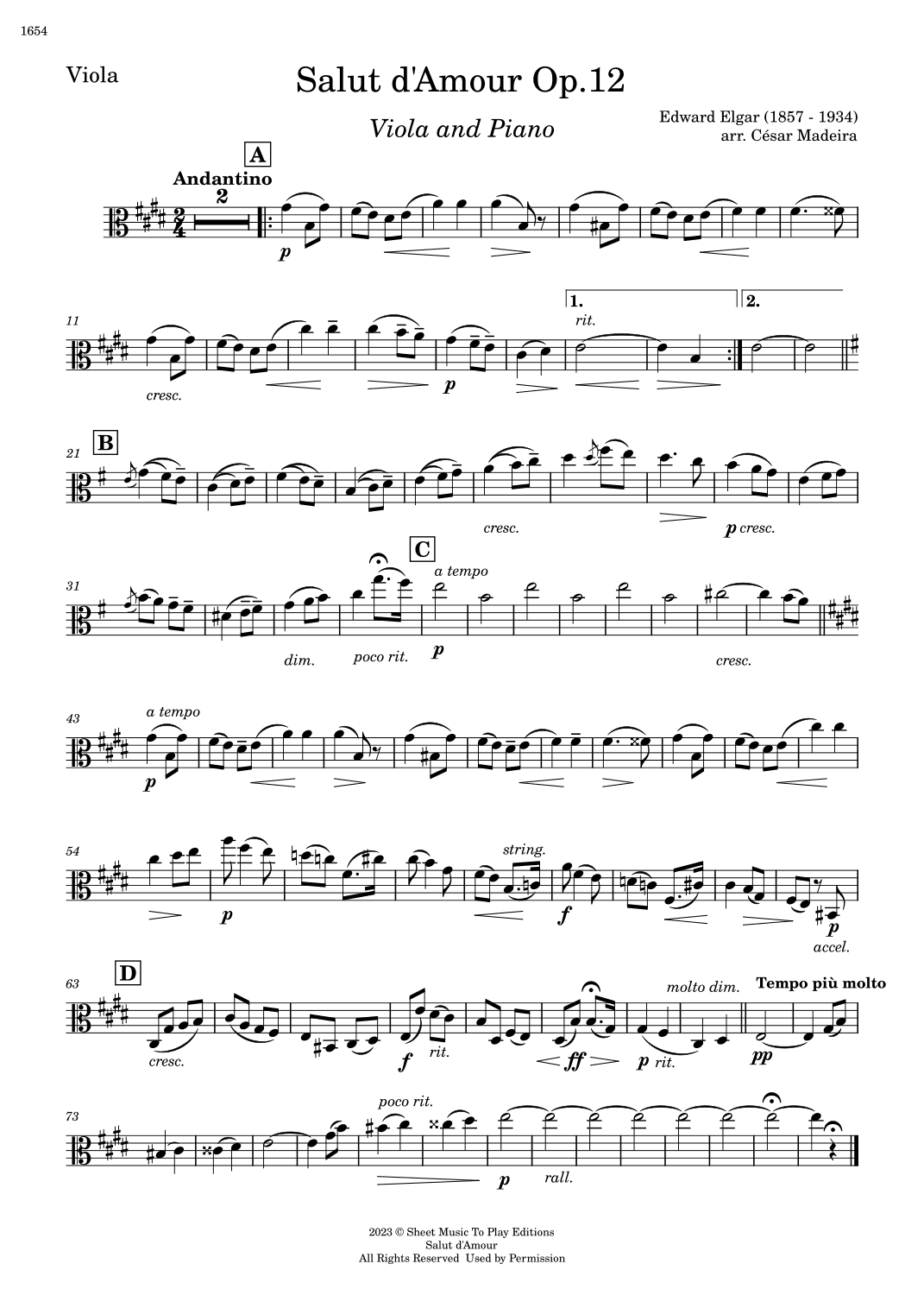 Salut d'Amour by Elgar - Viola and Piano (Individual Parts) (arr. César Madeira)