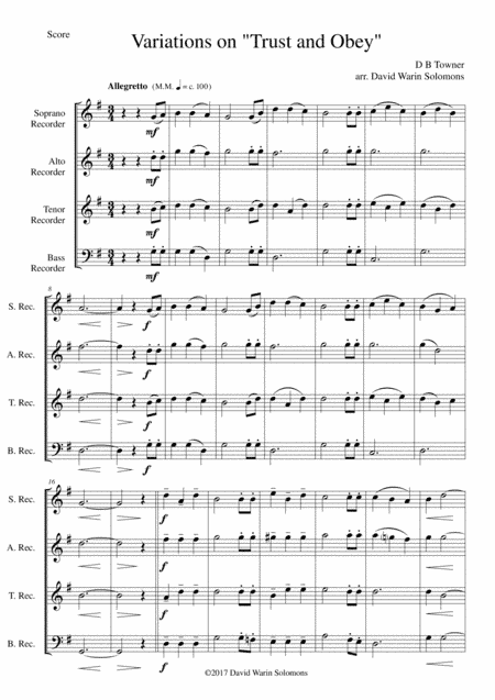 Variations on Trust and Obey for Recorder quartet (arr. David Warin Solomons)