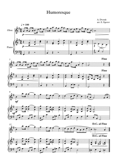 Humoresque, Antonin Dvorak, For Oboe & Piano (arr. Eugene Egorov)