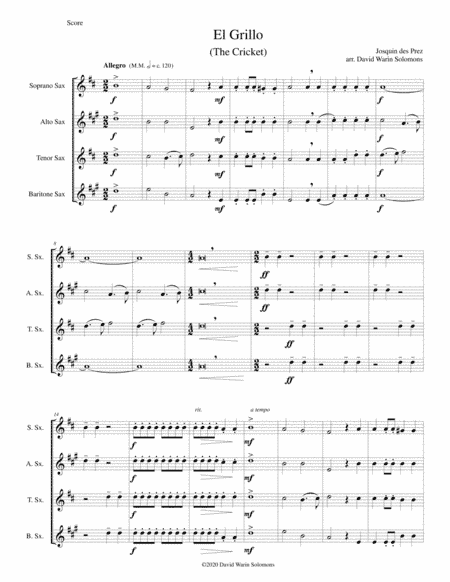 El Grillo (The cricket) - with decorations - for saxophone quartet (arr. David Warin Solomons)