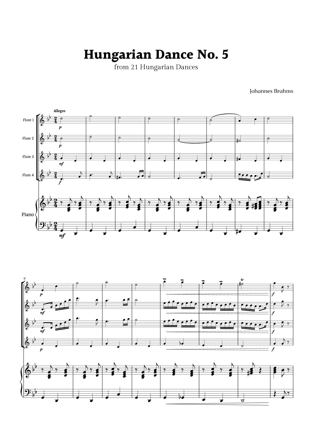 Hungarian Dance No. 5 by Brahms for Flute Quartet and Piano (arr. Rika K.)