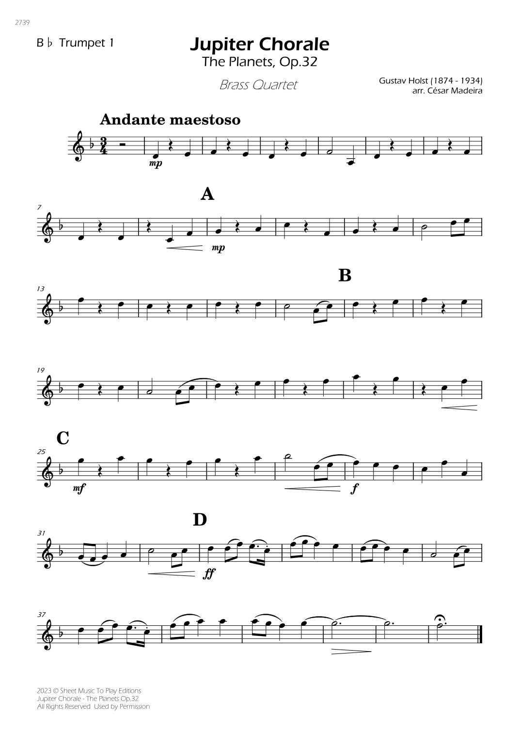 Jupiter Chorale from The Planets - Brass Quartet (Individual Parts) (arr. César Madeira)