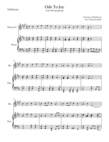 Ode To Joy Theme (from Beethoven's 9th Symphony) for Horn in F Solo and Piano Accompaniment (arr. Fernando Britto)